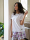 Women Summer Pajama set White T-shirt + Green X Purple Tartan Plaid Shorts